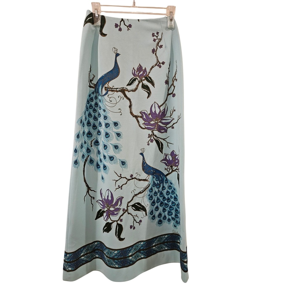 Vintage Shaheen Hawaiian Maxi Skirt Blue Floral Peacock Resort Chic Size 10